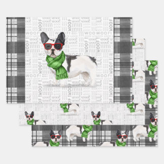 Boston Terrier Christmas Dog and Plaid Wrapping Paper Sheet