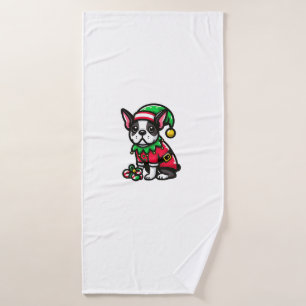 Boston Terrier Christmas Elf Funny Dog Xmas  Bath Towel