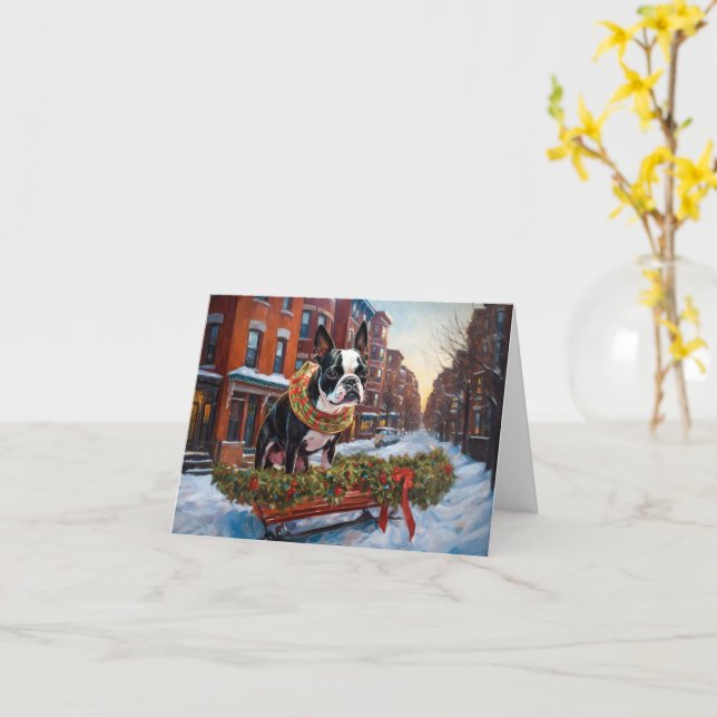 Boston Terrier Christmas Festive Season Card (Yellow Flower)