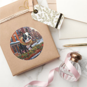 Boston Terrier Christmas Festive Season Classic Round Sticker