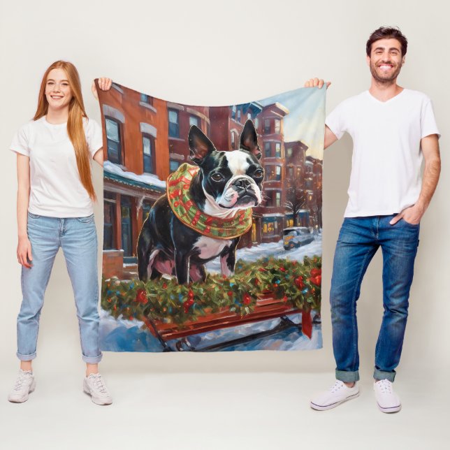 Boston Terrier Christmas Festive Season Fleece Blanket (In Situ)