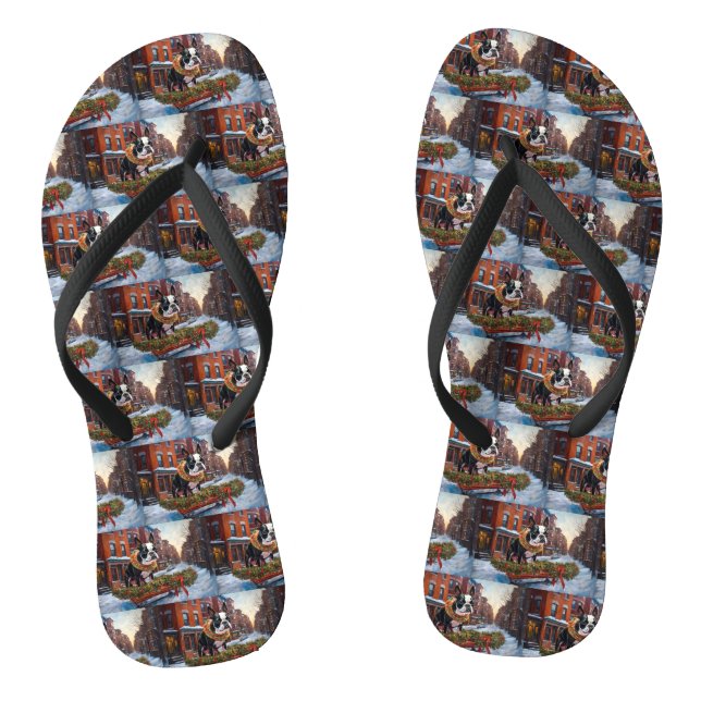 Boston Terrier Christmas Festive Season Flip Flops (Footbed)