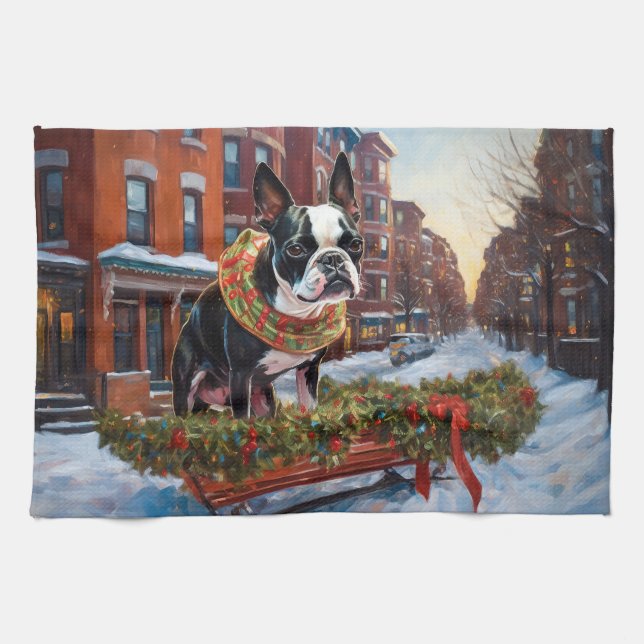 Boston Terrier Christmas Festive Season Kitchen Towel (Horizontal)