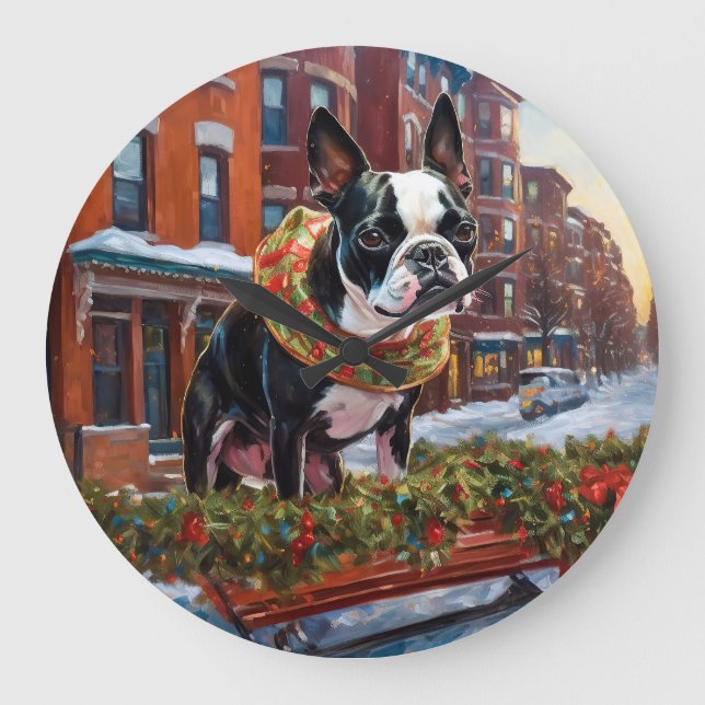 Boston Terrier Christmas Festive Season Large Clock (Front)