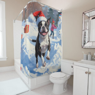 Boston Terrier  Christmas Festive Snow Scene