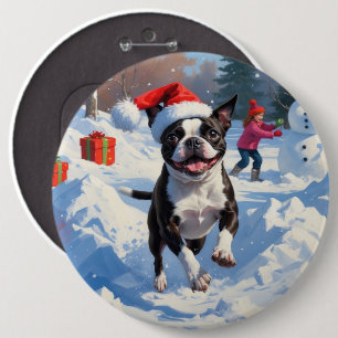 Boston Terrier  Christmas Festive Snow Scene 6 Inch Round Button