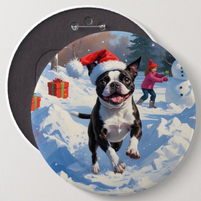 Boston Terrier  Christmas Festive Snow Scene 6 Inch Round Button (Front & Back)