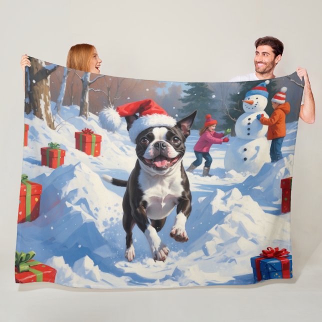 Boston Terrier  Christmas Festive Snow Scene Fleece Blanket (In Situ)