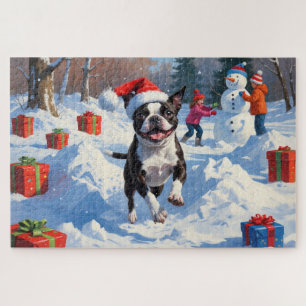Boston Terrier  Christmas Festive Snow Scene Jigsaw Puzzle