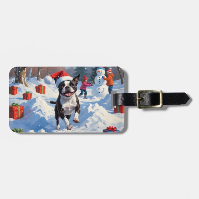 Boston Terrier  Christmas Festive Snow Scene Luggage Tag (Front Horizontal)