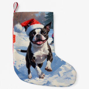 Boston Terrier Christmas Festive Snow Scene Small Christmas Stocking
