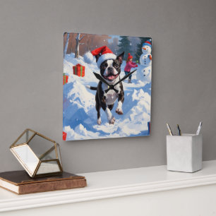 Boston Terrier  Christmas Festive Snow Scene Square Wall Clock