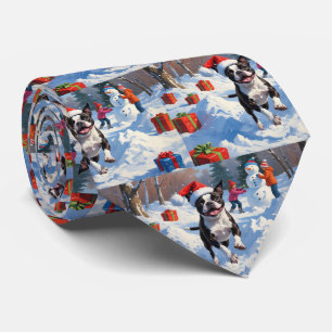 Boston Terrier  Christmas Festive Snow Scene Tie