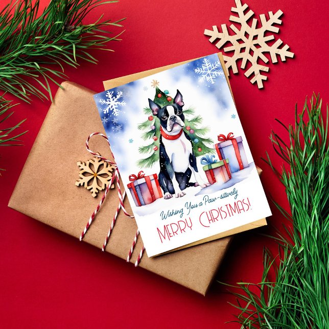 Boston Terrier Christmas greetings for dog people Postcard (Boston Terrier Christmas greetings postcard watercolor cute puppy by Christmas tree with gifts)