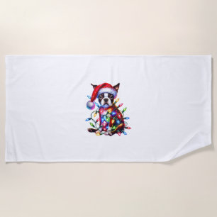 Boston Terrier Christmas Lights Santa Hat Dog Love Beach Towel