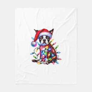 Boston Terrier Christmas Lights Santa Hat Dog Love Fleece Blanket