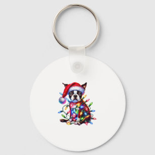Boston Terrier Christmas Lights Santa Hat Dog Love Keychain