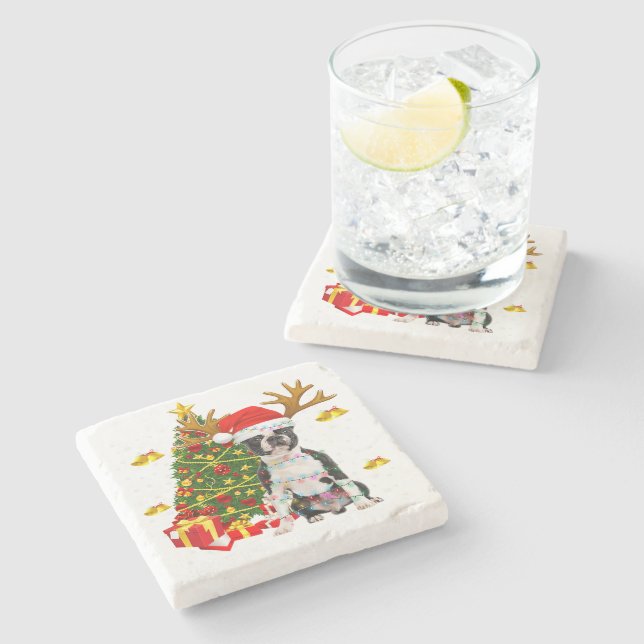 Boston Terrier Christmas Lights Tree Santa Xmas Pa Stone Coaster (Side)
