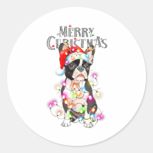 Boston Terrier Christmas Lights Xmas Dog  Classic Round Sticker