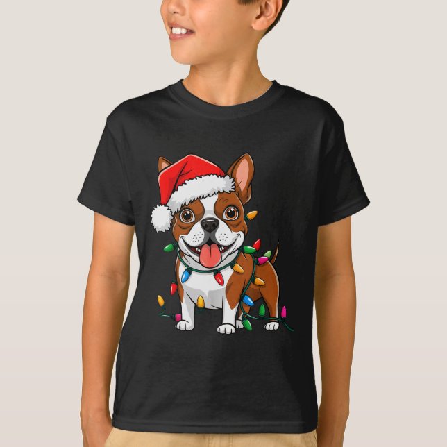 Boston Terrier Christmas Lights Xmas Dogs Men Wome T-Shirt (Front)