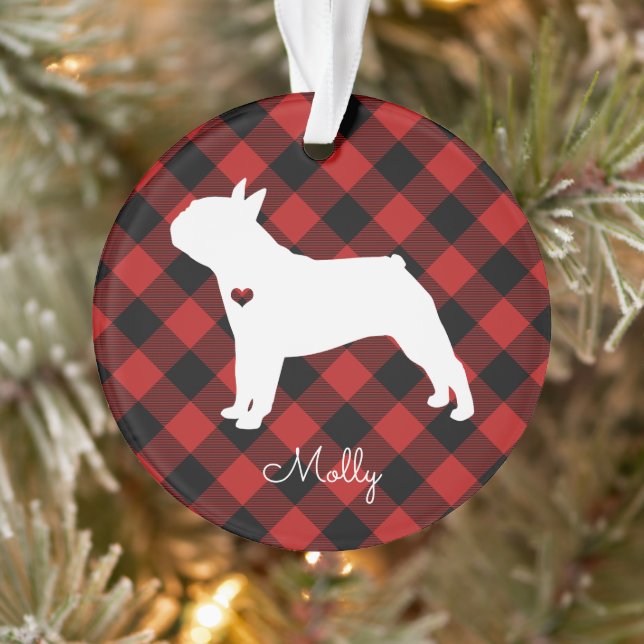 Boston Terrier Christmas Plaid Dog Name Photo Ornament (Tree)