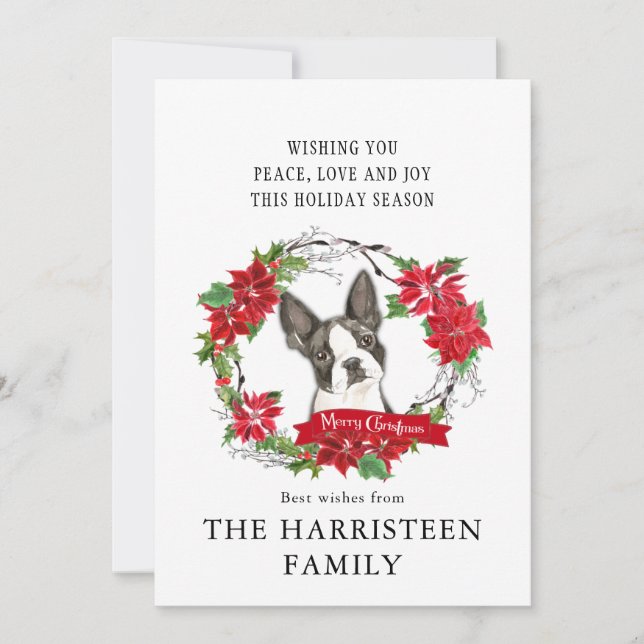 Boston Terrier Christmas Poinsettia Wreath Holiday Card (Front)
