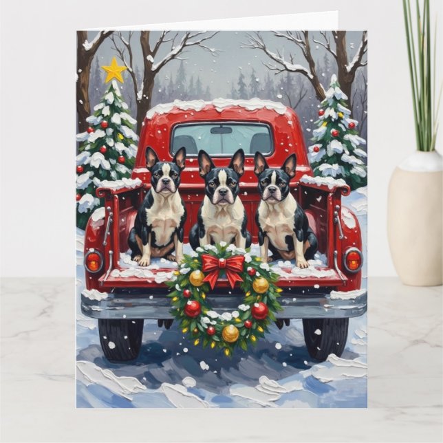 Boston Terrier Christmas Red Truck Holiday Card (Front)