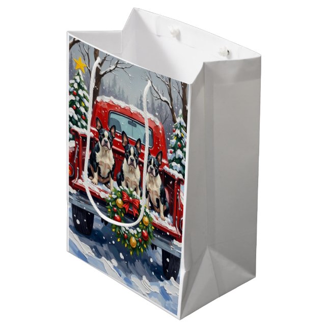 Boston Terrier Christmas Red Truck Holiday Medium Gift Bag (Front Angled)