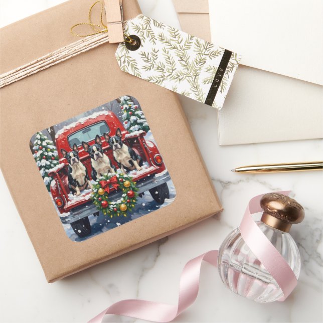 Boston Terrier Christmas Red Truck Holiday Square Sticker (Gifting)