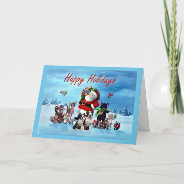 Boston Terrier Christmas Santa and Animals Greetin Holiday Card (Front)