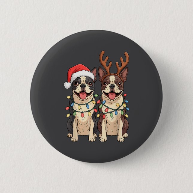 Boston Terrier Christmas Santa Hat Reindeer Lights 2 Inch Round Button (Front)