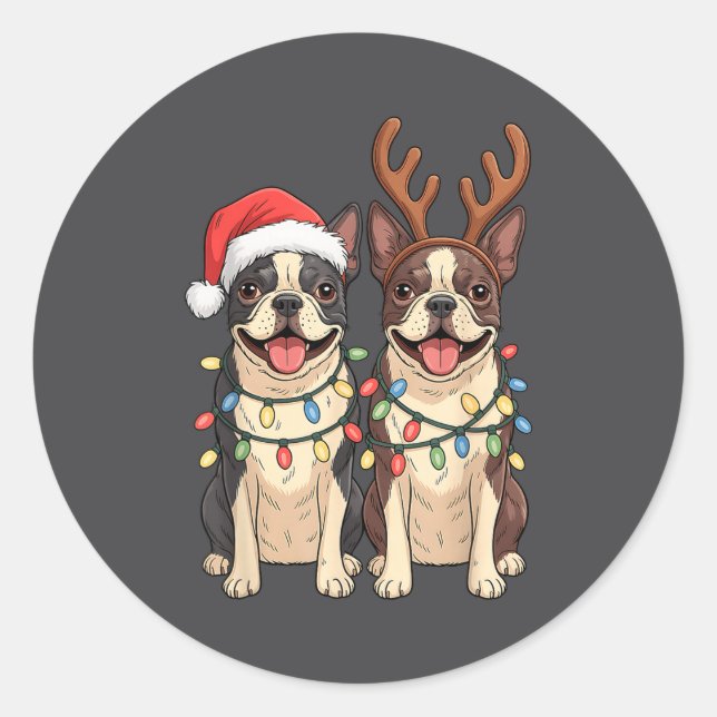 Boston Terrier Christmas Santa Hat Reindeer Lights Classic Round Sticker (Front)