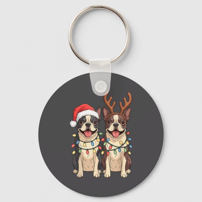 Boston Terrier Christmas Santa Hat Reindeer Lights Keychain (Front)