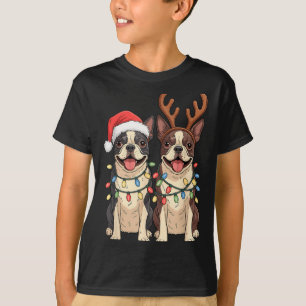 Boston Terrier Christmas Santa Hat Reindeer Lights T-Shirt