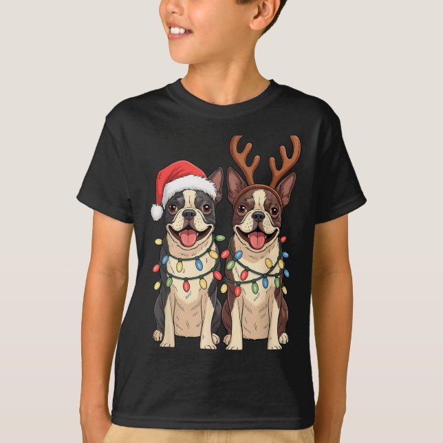Boston Terrier Christmas Santa Hat Reindeer Lights T-Shirt (Front)