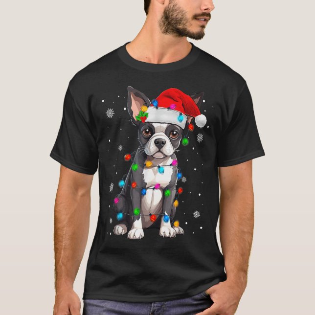 Boston Terrier Christmas Santa Hat Tree Lights Paj T-Shirt (Front)