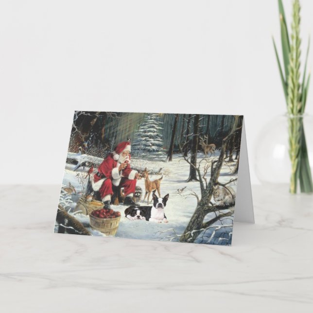 Boston Terrier Christmas Santa Woods Card (Front)