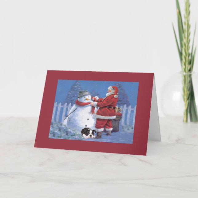 Boston Terrier Christmas Snowman and Santa Greetin Holiday Card (Front)