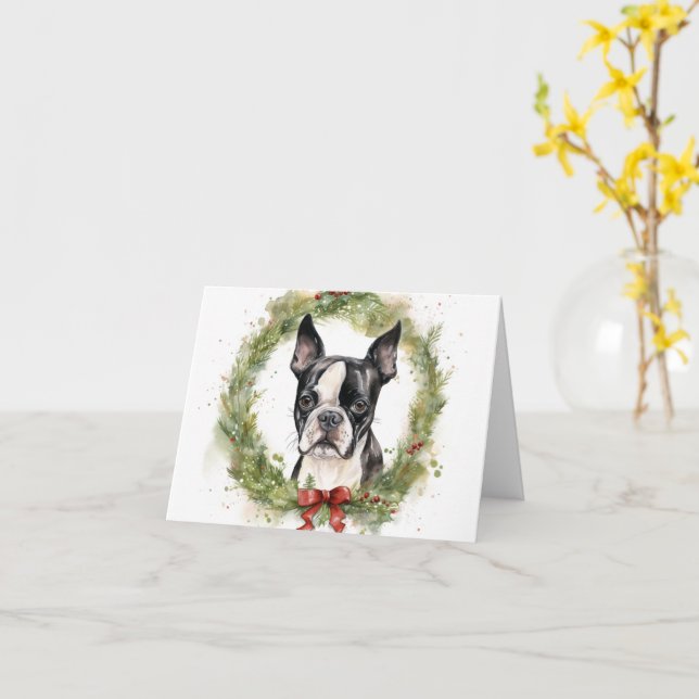 Boston Terrier Christmas Wreath Festive Pup  Card (Yellow Flower)