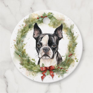Boston Terrier Christmas Wreath Festive Pup Favour Tags