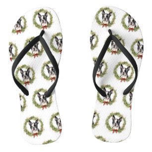 Boston Terrier Christmas Wreath Festive Pup  Flip Flops