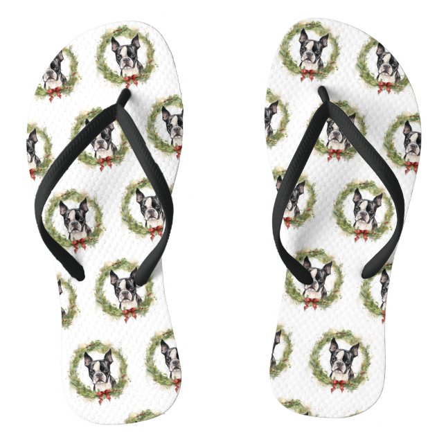 Boston Terrier Christmas Wreath Festive Pup  Flip Flops (Footbed)