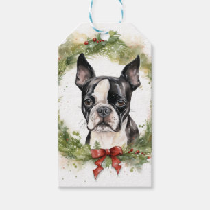 Boston Terrier Christmas Wreath Festive Pup  Gift Tags