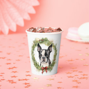 Boston Terrier Christmas Wreath Festive Pup Paper Cups