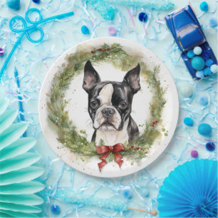 Boston Terrier Christmas Wreath Festive Pup Paper Plate
