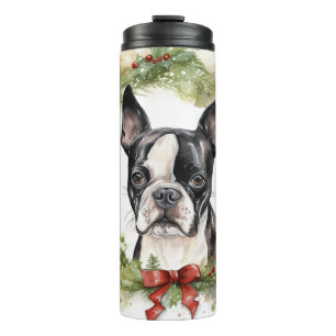 Boston Terrier Christmas Wreath Festive Pup  Thermal Tumbler