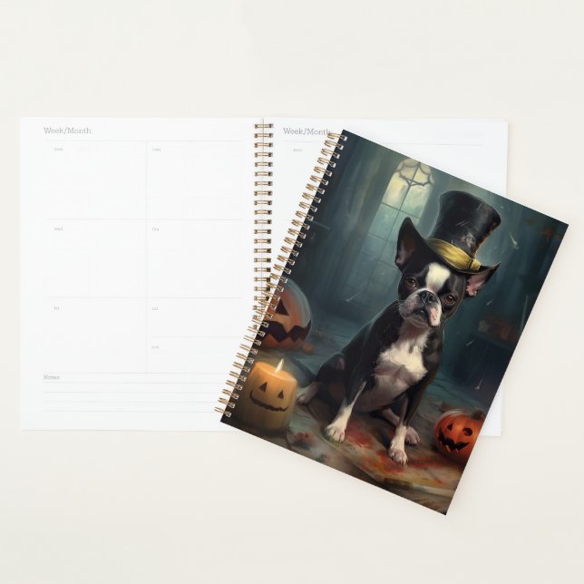 Boston Terrier Citrouille Halloween effroi (Devant avec enveloppe)
