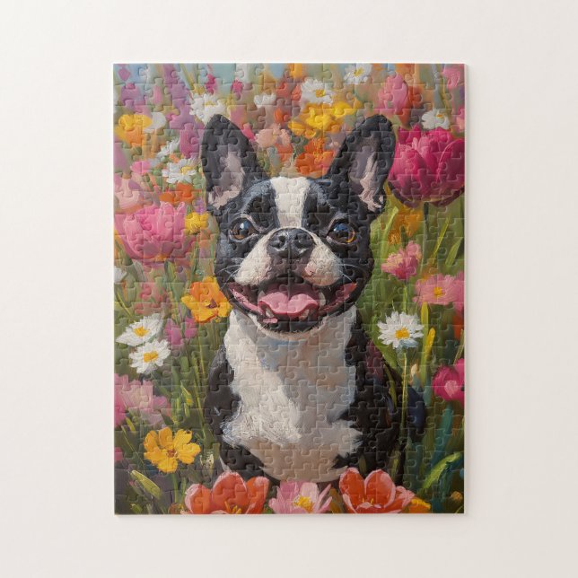 Boston Terrier Colourful Wildflower Field Jigsaw Puzzle (Vertical)