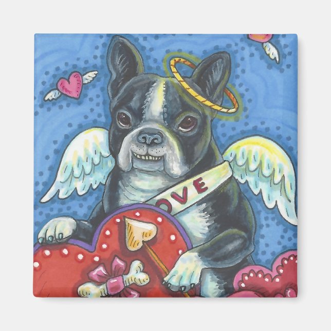 Boston Terrier Cupid CHIEN VALENTINE MAGNET Carré (Devant)