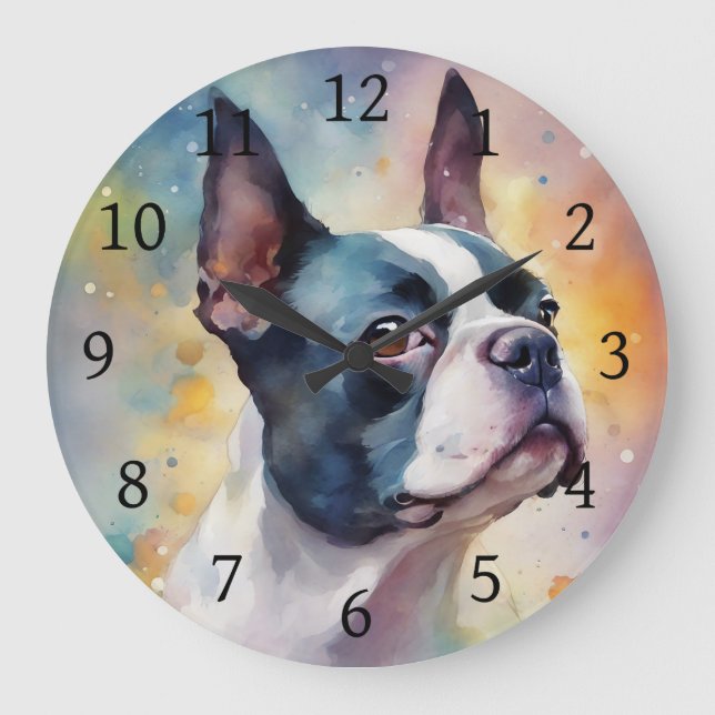 Boston Terrier Digital Watercolor Portrait Dog 173 Large Clock (Front)